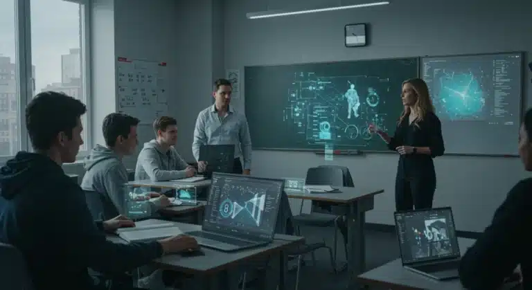 Students and teacher engaging with futuristic AI educational tools in a smart classroom.