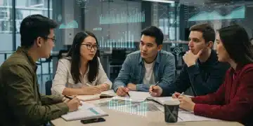 Students discussing future career paths with data projections