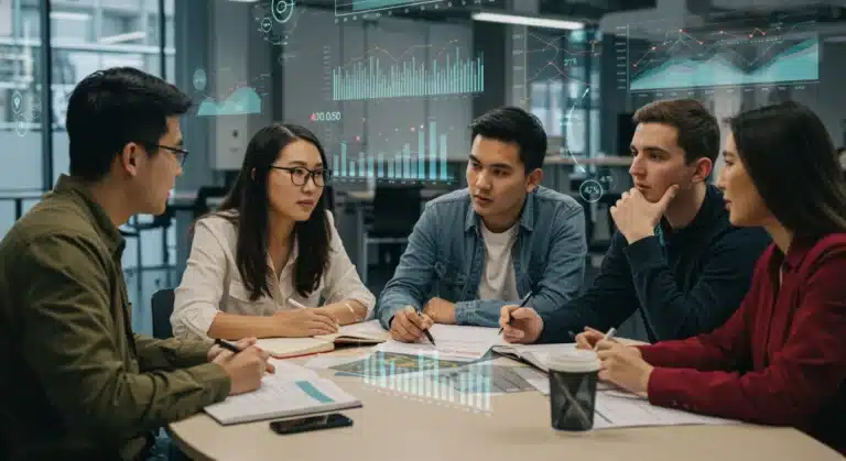 Students discussing future career paths with data projections