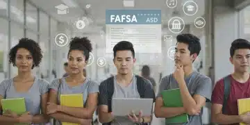 College students reviewing FAFSA forms and financial aid information on a screen, planning for future education.