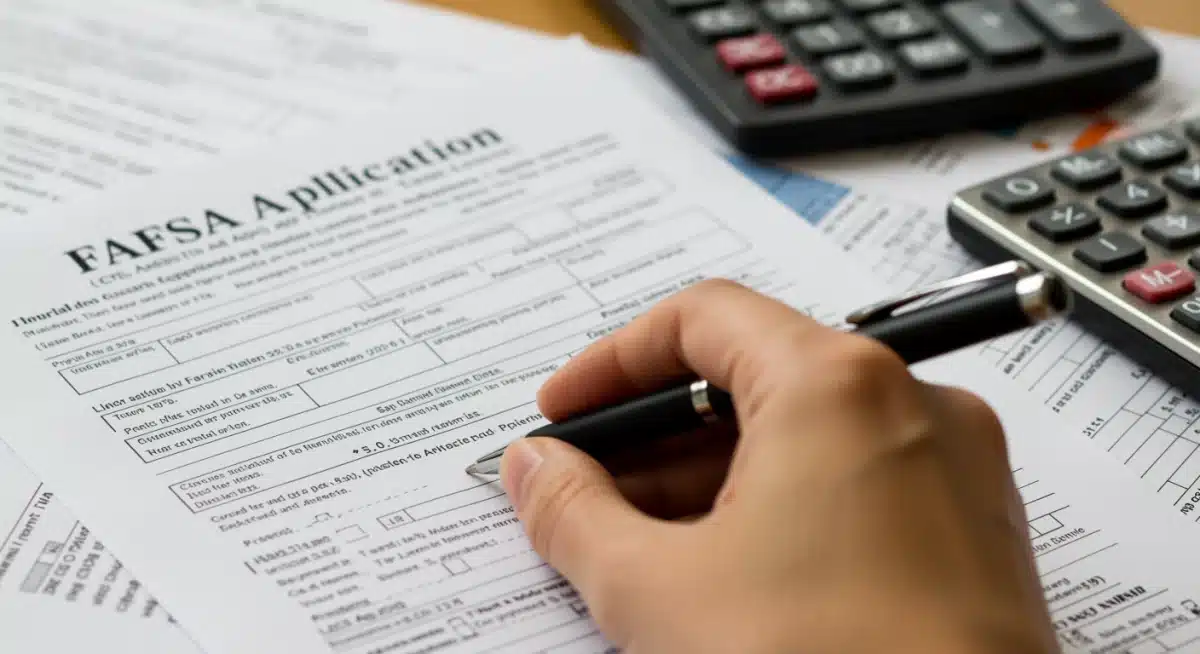 Hand filling out a detailed FAFSA financial aid application form with a pen.