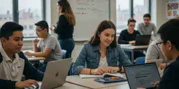 Students and teachers collaborating with technology in a modern K-12 classroom, reflecting future curriculum trends.