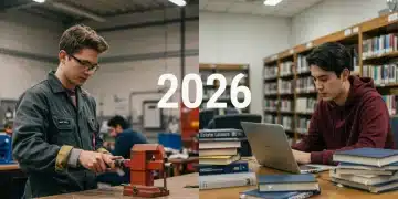 Comparative image of vocational training hands-on work versus traditional university study for 2026 career starters.